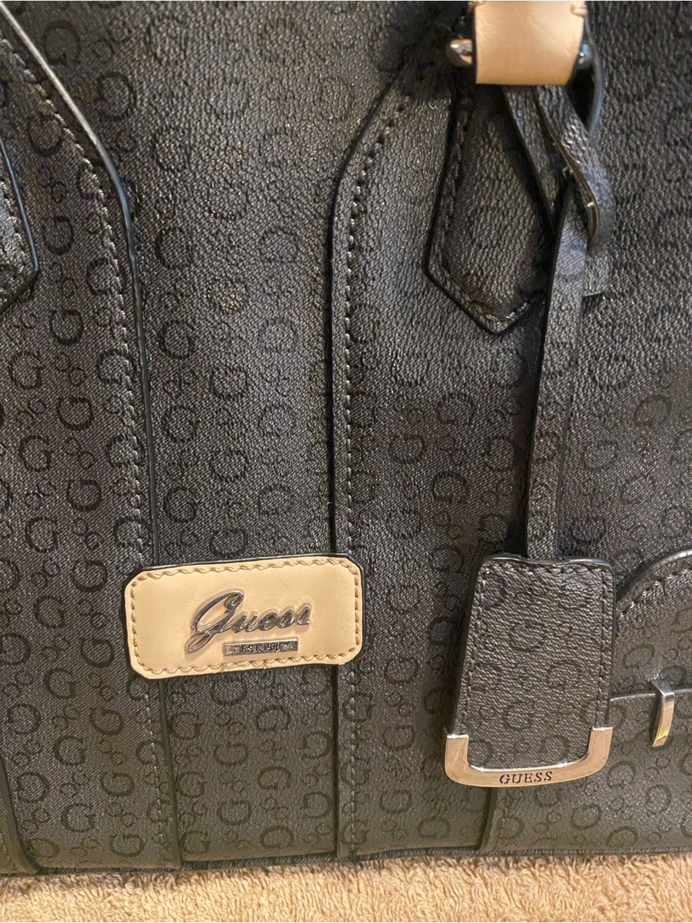 Guess Monogram Satchel Bag Y2K Charcoal Black Beige Top Handle - Picture 11 of 16